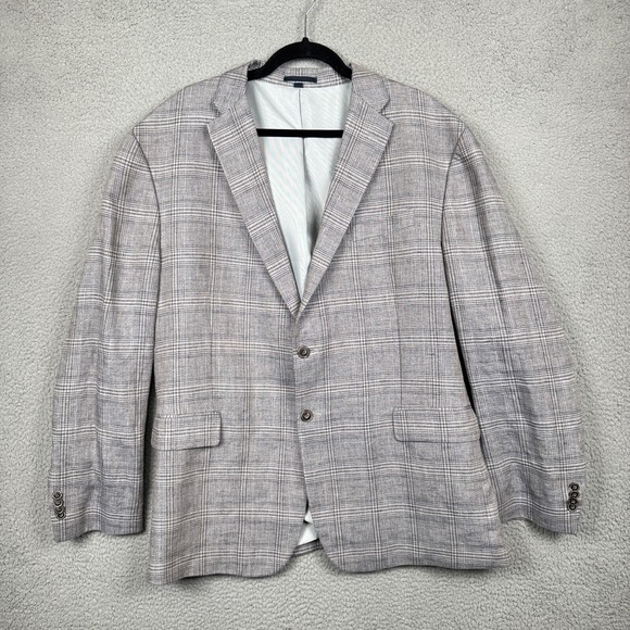 Jos A Bank Blazer Mens 46R Gray Plaid Suit Jacket Tailored Fit 100% Linen Preppy